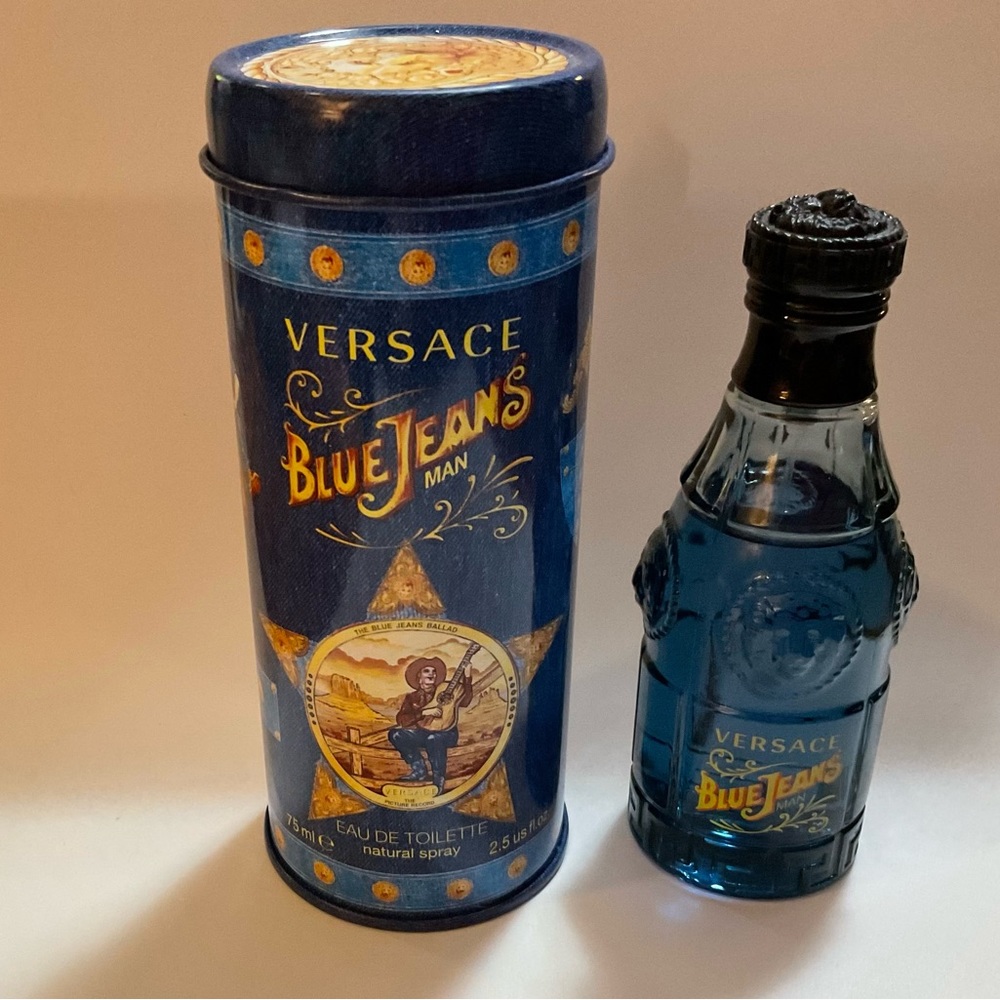 Versace Blue Jeans mans fragrance spray 2.5fl.Oz. 75ml. In round western tin.